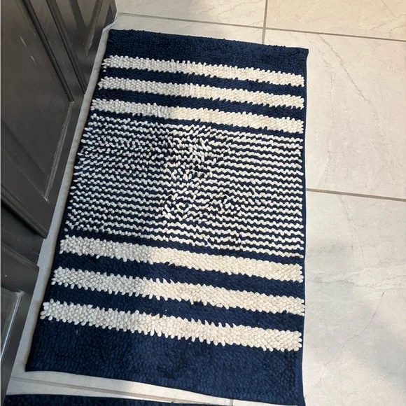 Navy Blue and White Striped Bath Rug - Picture 2 of 3